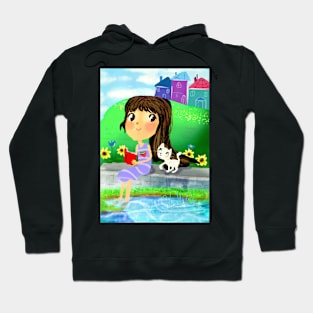 A girl with a kitty reading a book by the river Hoodie